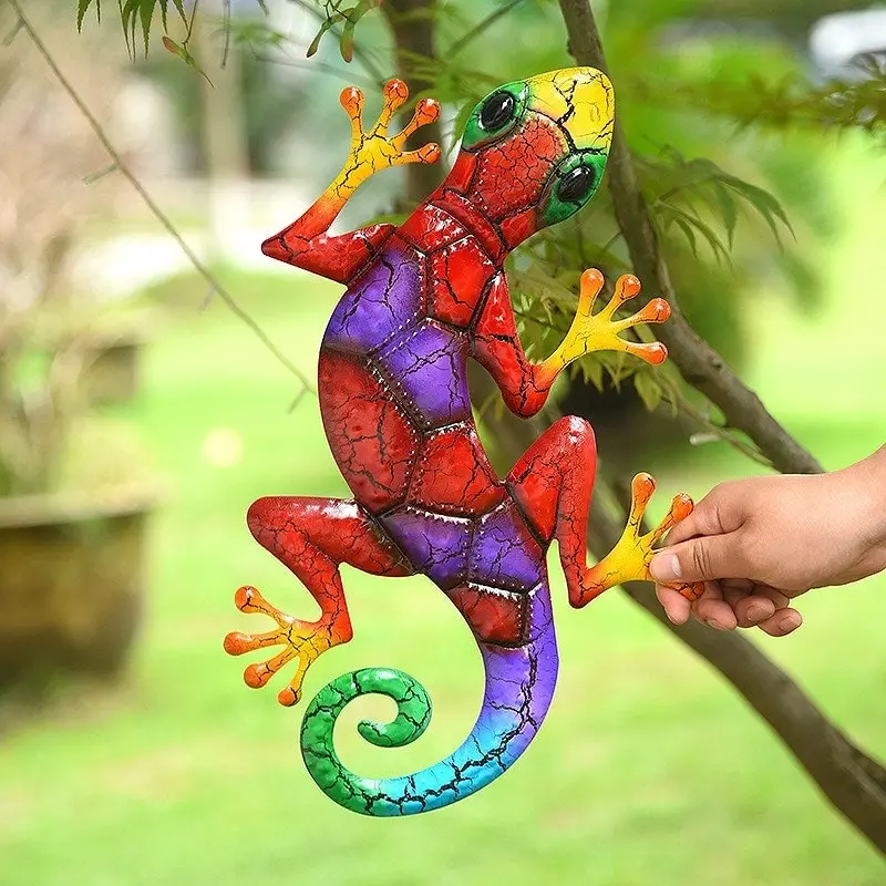 43cm Metal Gecko Lizard Hanging Garden Wall Statue Decor