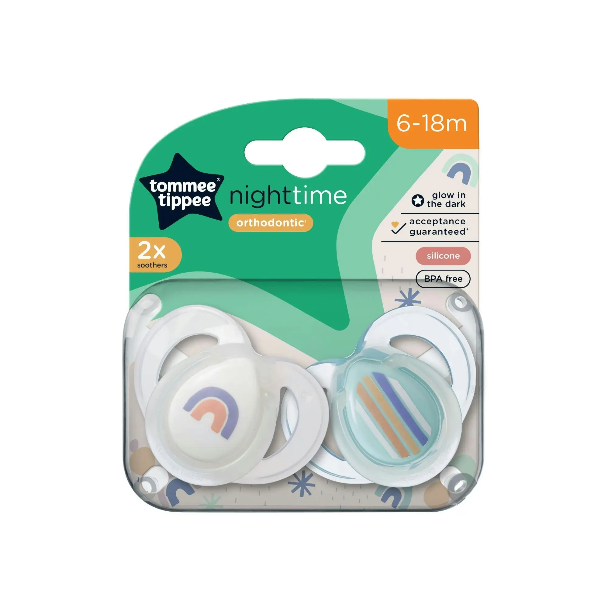 Tommee Tippee Closer to Nature Night Time Soothers 6-18 Months 2 Pack Assorted