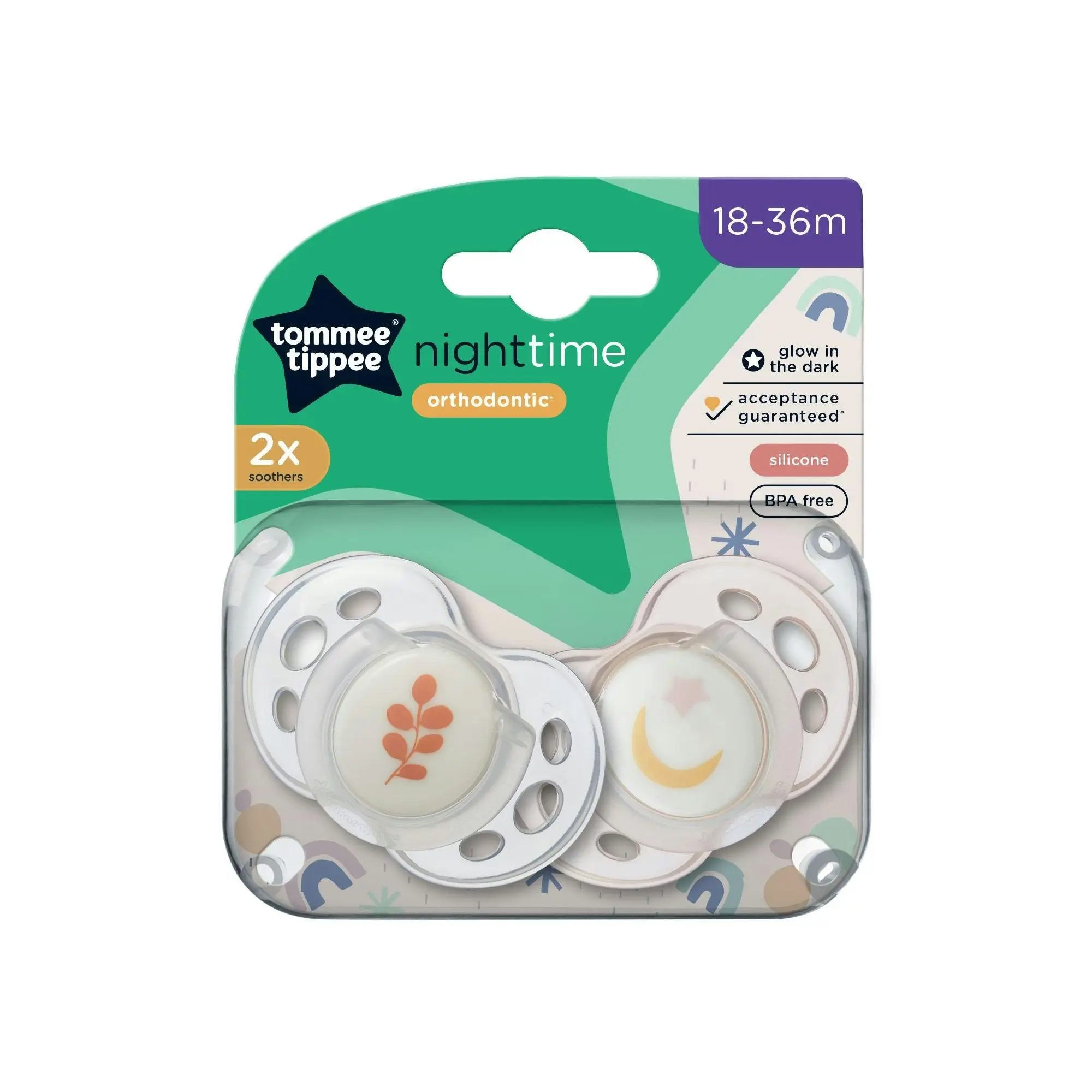 Tommee Tippee Closer to Nature Night Time Soothers 18-36 Months 2 Pack Assorted