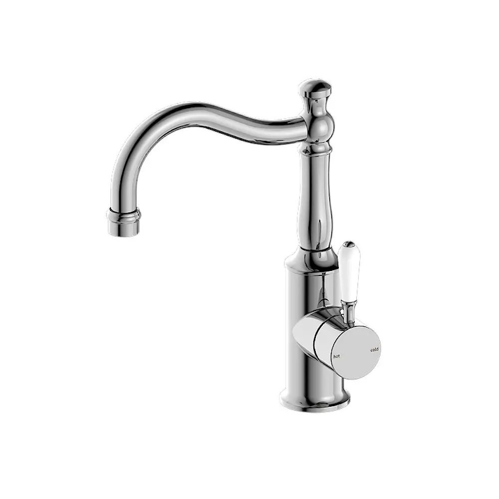 Nero York Basin Mixer Hook Spout With White Porcelain Lever Chrome NR69210201CH