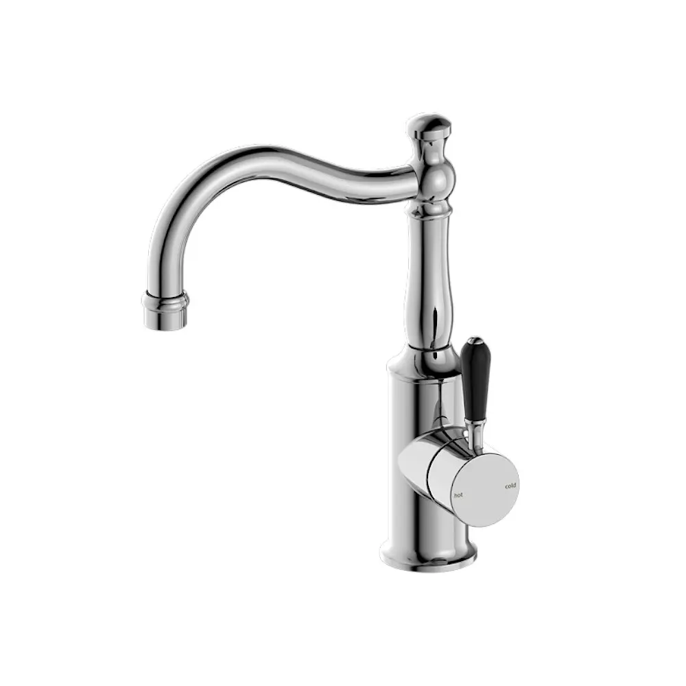 Nero York Basin Mixer Hook Spout With Black Porcelain Lever Chrome NR69210203CH