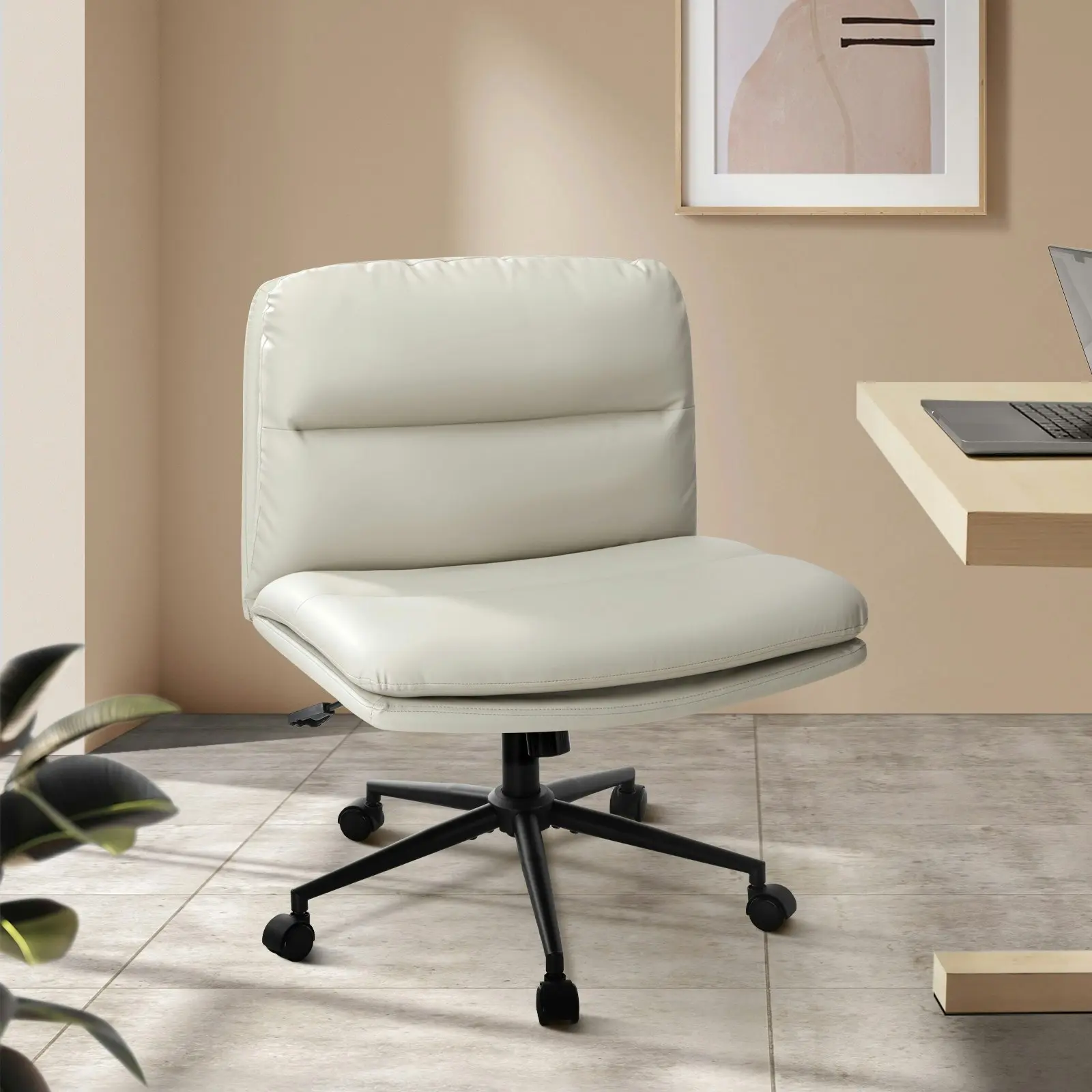 Oikiture Mid Back Armless Office Desk Chair Wide Seat Leather Beige with Wheels