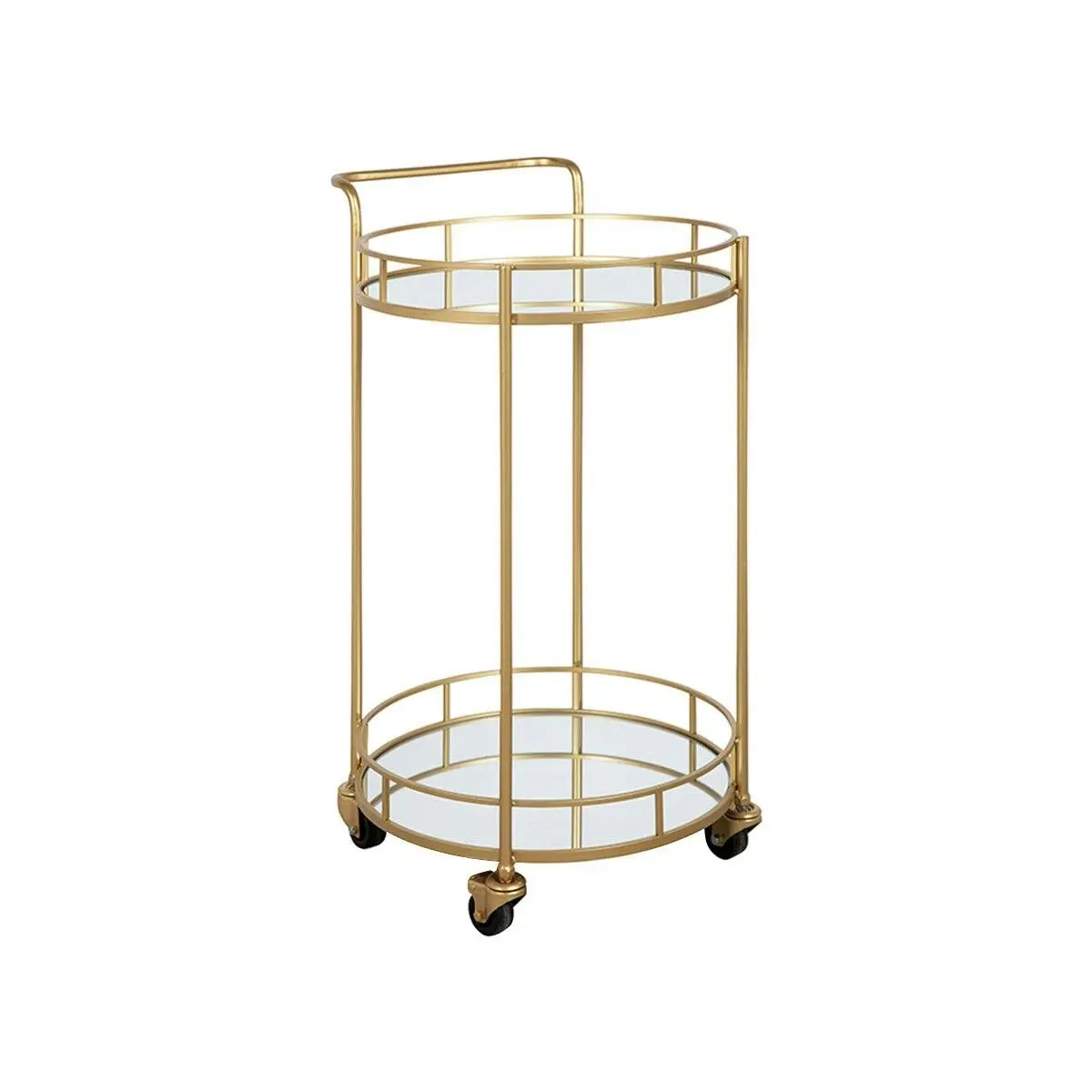 Ausway Round Gold Bar Cart Rolling Serving Drinks Metal Trolley Tea Wine Coffee Mobile Trolly 4 Wheels 2 Trays Mirrored Glass Top