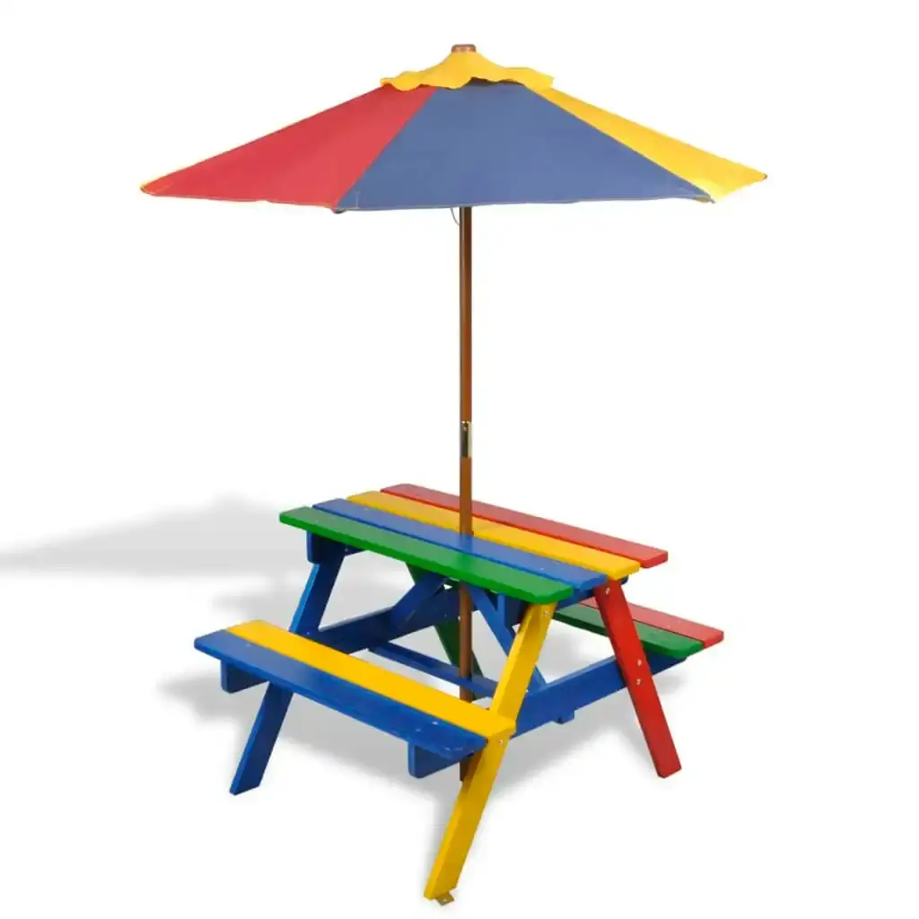 Kids' Picnic Table with Benches and Parasol Multicolour Wood 40773