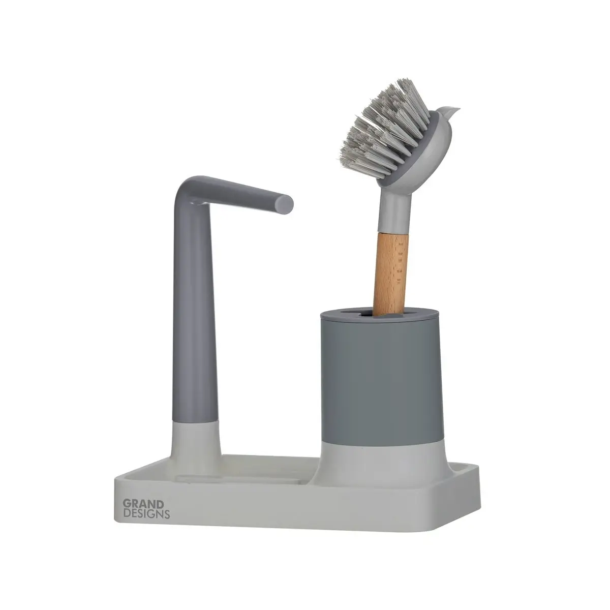 Grand Designs Kitchen Sink Organiser with Brush Holder - Grey/Natural