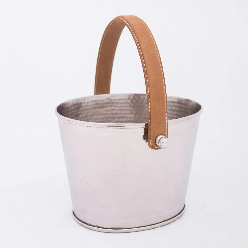 SSH Collection Polo Ice Bucket - Hammered Nickel with Brown Leather Handle