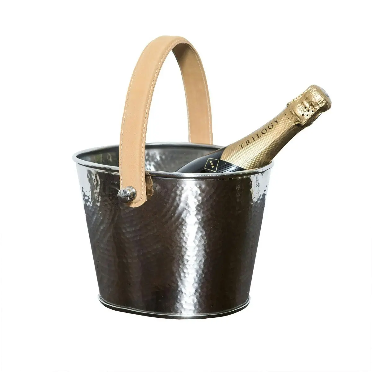 SSH Collection Polo Ice Bucket - Hammered Nickel with Brown Leather Handle