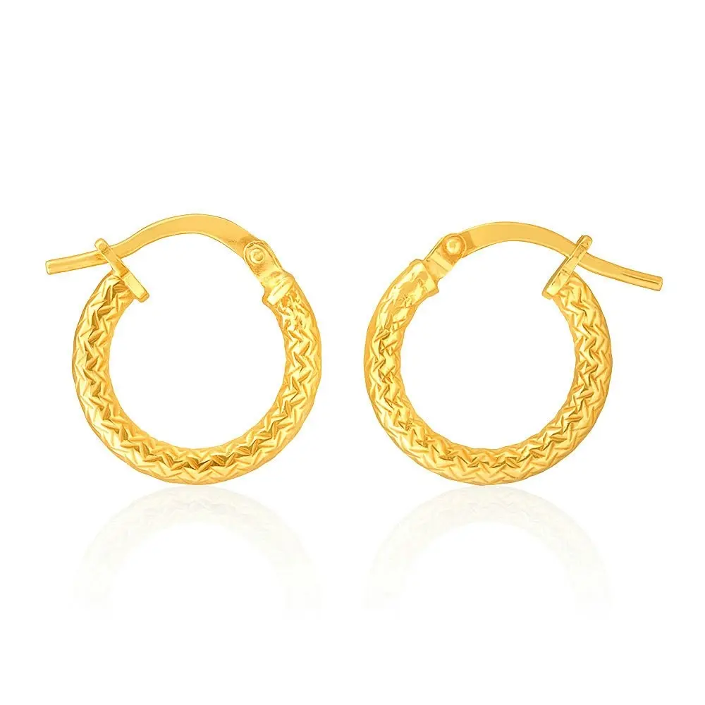 9ct Yellow Gold Silver Filled Diamond Cut 10mm Hoop Earrings