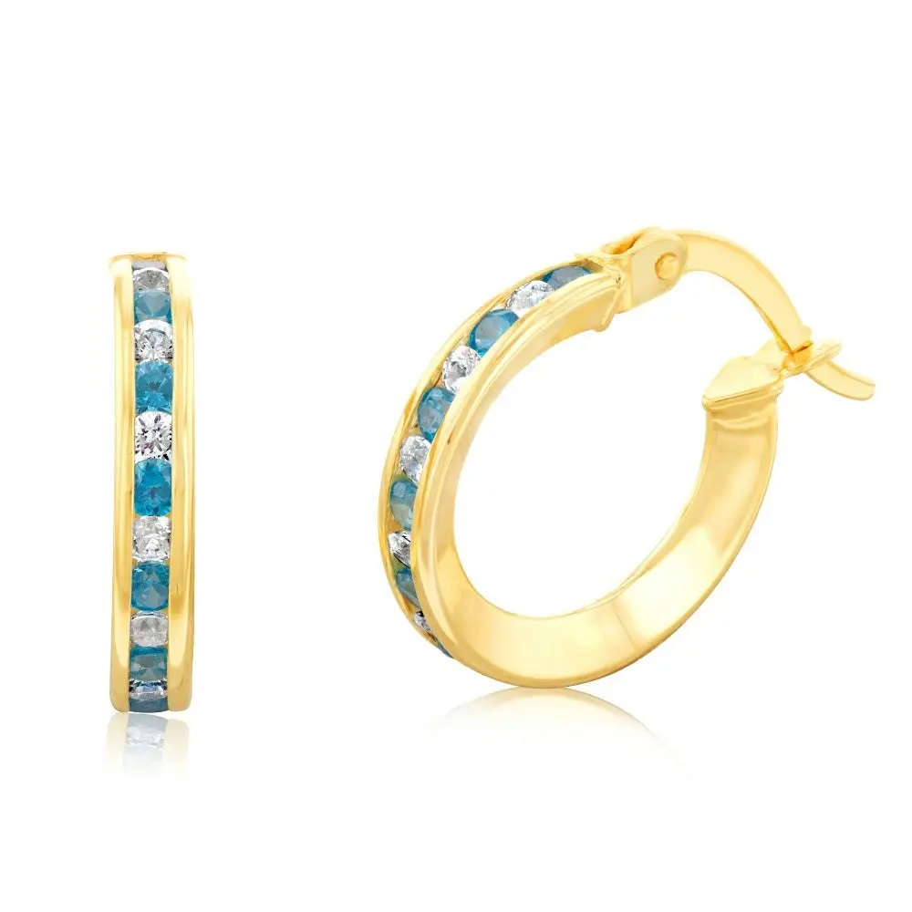 9ct Yellow Gold Silverfilled Blue Cubic Zirconia 10mm Hoop Earrings