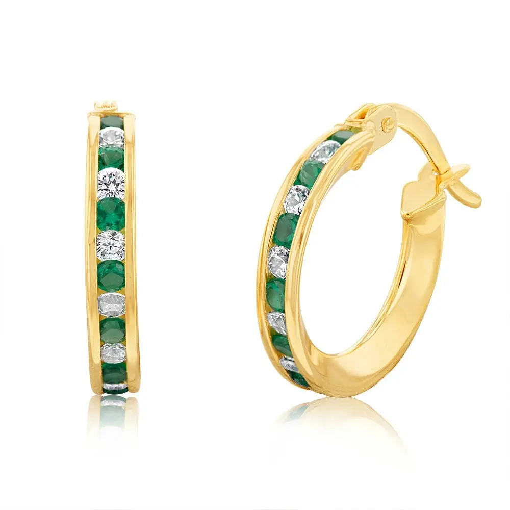 9ct Yellow Gold Silverfilled Green Cubic Zirconia 10mm Hoop Earrings