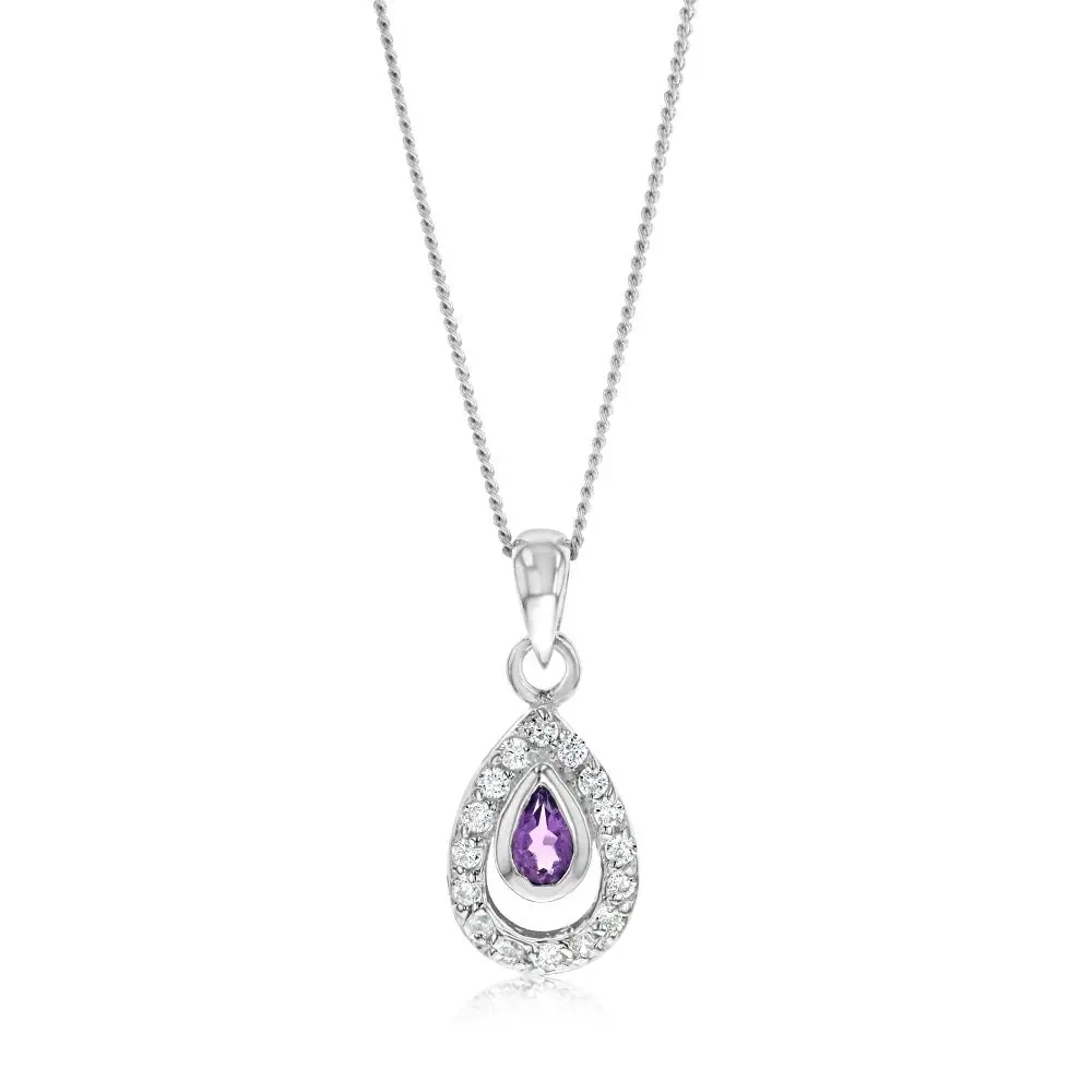 Sterling Silver Amethyst And Cubic Zirconia Pear Shaped Pendant