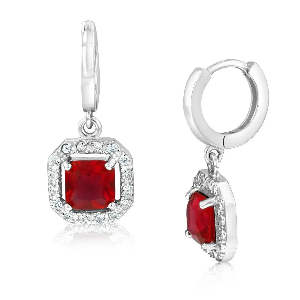 Sterling Silver Square Created Ruby And Zirconia Drop Earrings