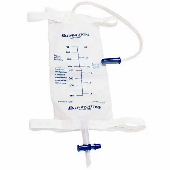 Livingstone Drainage Leg Urine Bag, 750ml Graduated, 40cm Inlet Tube, 56cm Elastic Strap Leg Tie, with Bottom Outlet, Sterile