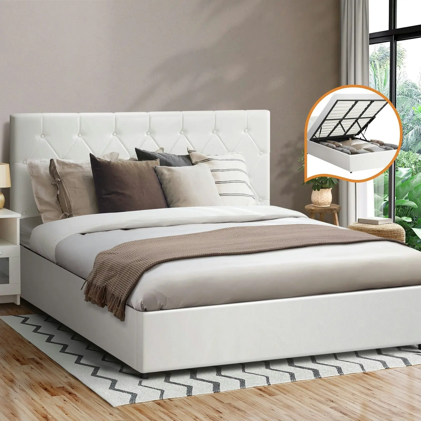 Oikiture Bed Frame King Size Gas Lift White Leather COTI