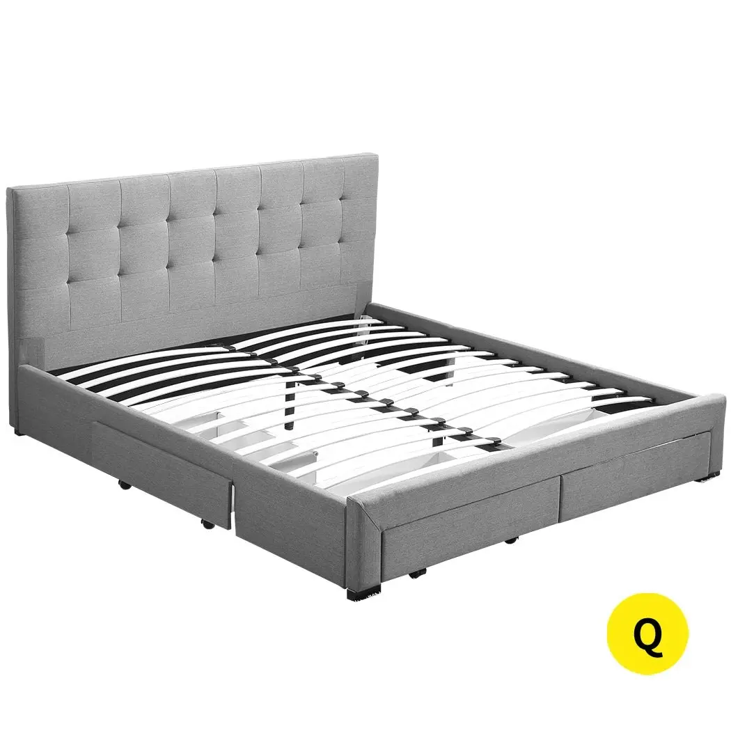 Levede Fabric Bed Frame Queen Tufted 4 Drawers Storage Wooden Mattress Base Grey