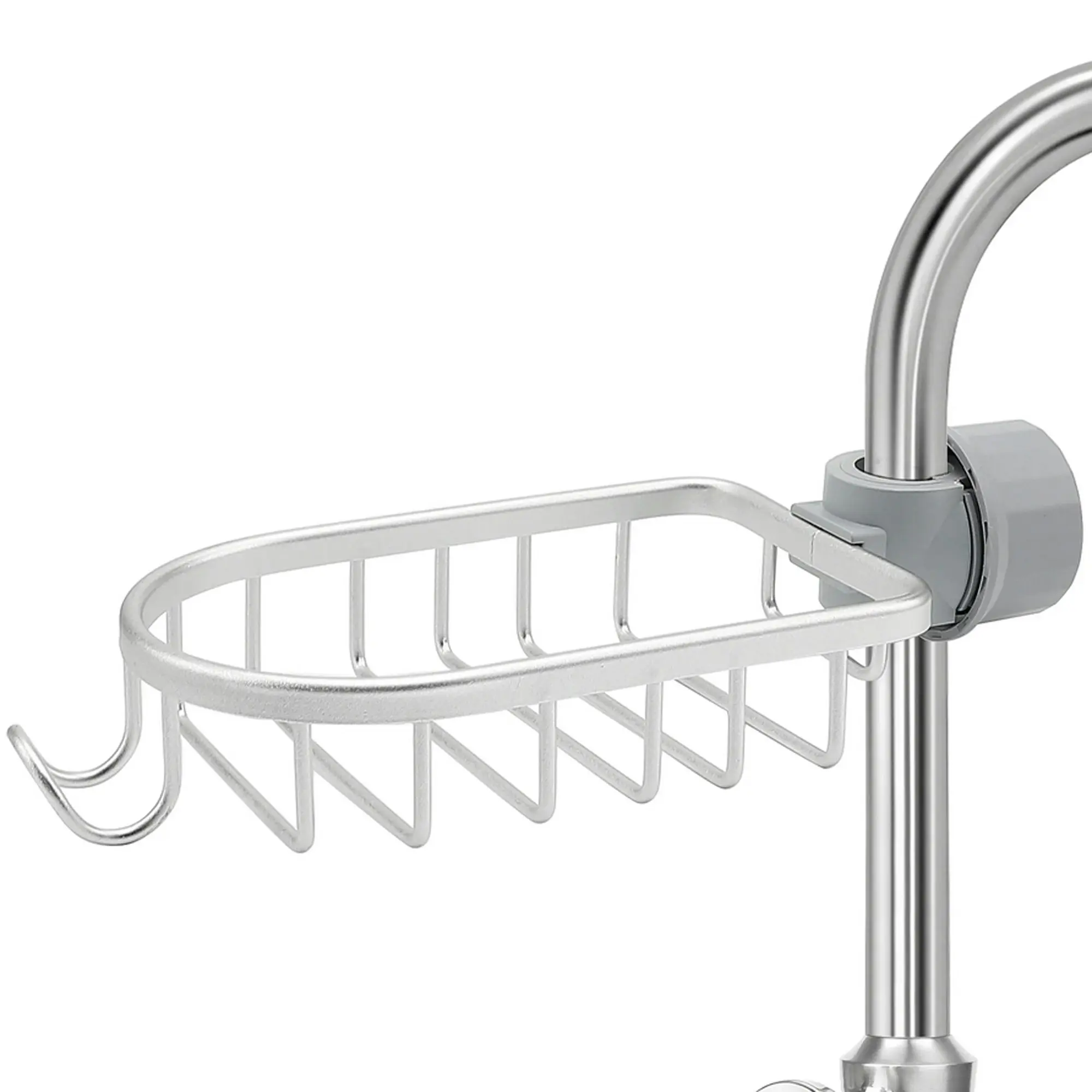 Kitchen Sponge Holder Faucet Caddy Bath Shower Storage Rack Aluminium Alloy Rust Free Waterproof - Silver