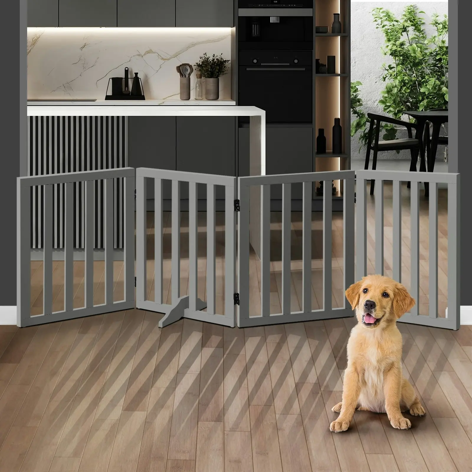 Alopet Wooden Pet Gate Dog Fence 189x60.5cm 4 Panels Safety Stair Barrier Security Door Grey