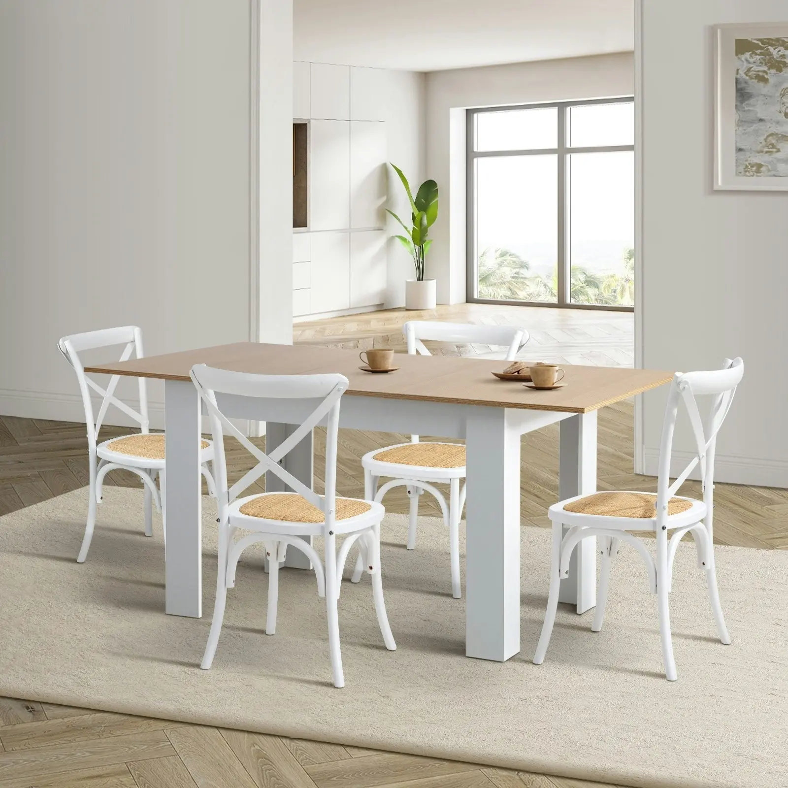 Oikiture 160cm Extendable Dining Table with 4PCS Dining Chairs Crossback White