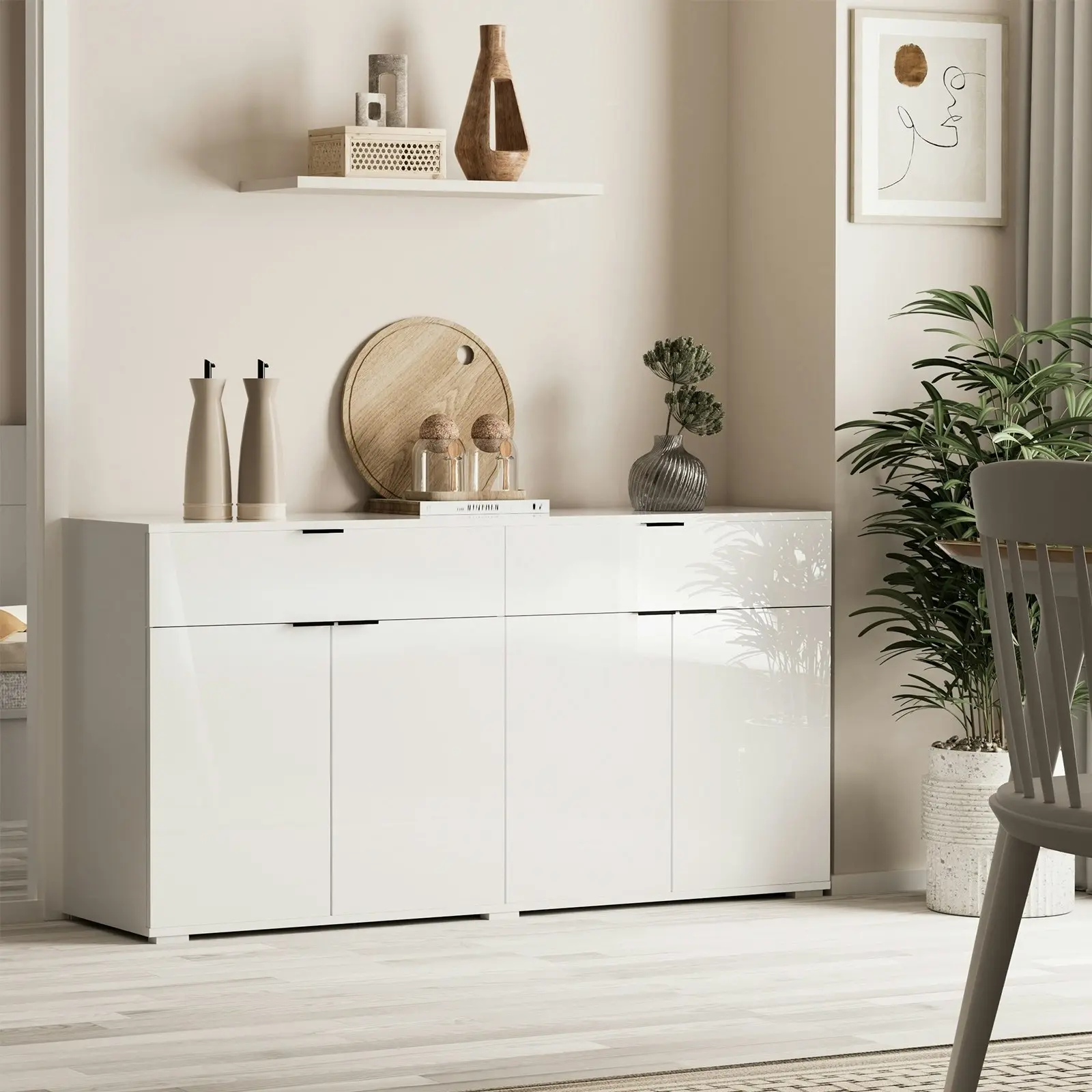 Oikiture Sideboard Buffet Storage Cabinet High Gloss 4 Doors 2 Drawers White