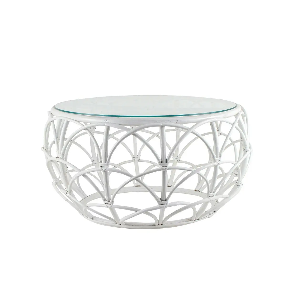 White Rattan Coffee Table, Round With Glass Top