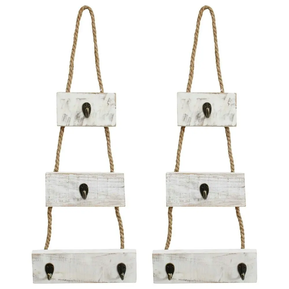 2x Rope Wall Hooks Metal/Wood/Rope 67cm Wall Hanging Coat Hanger Organiser