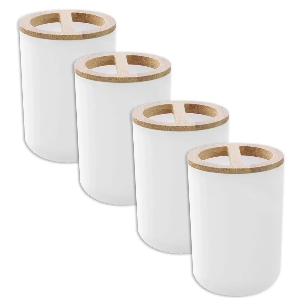 4x Boxsweden Bano Toothbrush Holder Bamboo Top Organiser Holder 7.5x10.5cm WHT