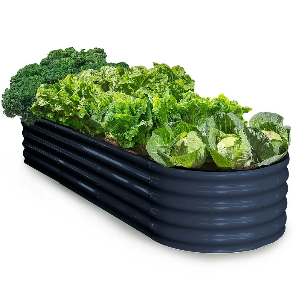 MY FARM 240 x 80 x 42cm Raised Garden Bed, Oval, Corrugated Metal, Dark Grey