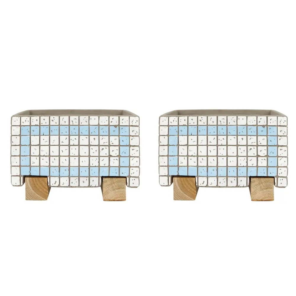 2x Urban Brix Rectangular 21cm Concrete Planter Flower Pot Decor White/Blue