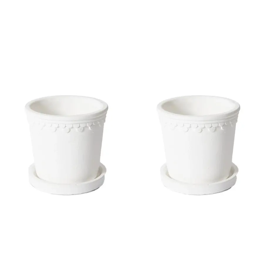 2x E Style Sophia 11cm Cement Plant Pot w/ Saucer Flower Planter Decor White