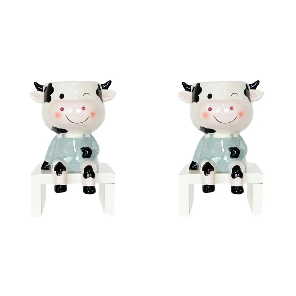 2x Urban Products Sitting Cow Themed Planter Home Garden Decor White Sage 14cm