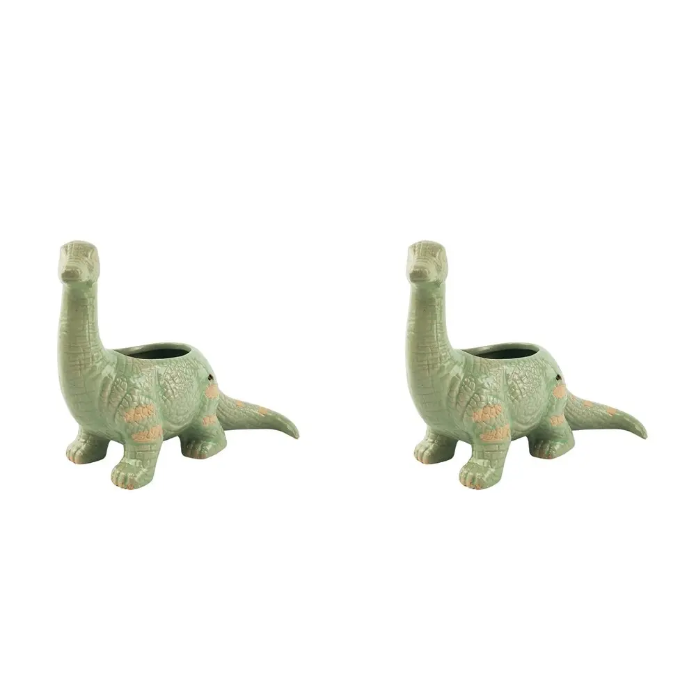 2x Urban Dinosaur 15cm Ceramic Planter Outdoor Garden Ornament Plant Pot Green