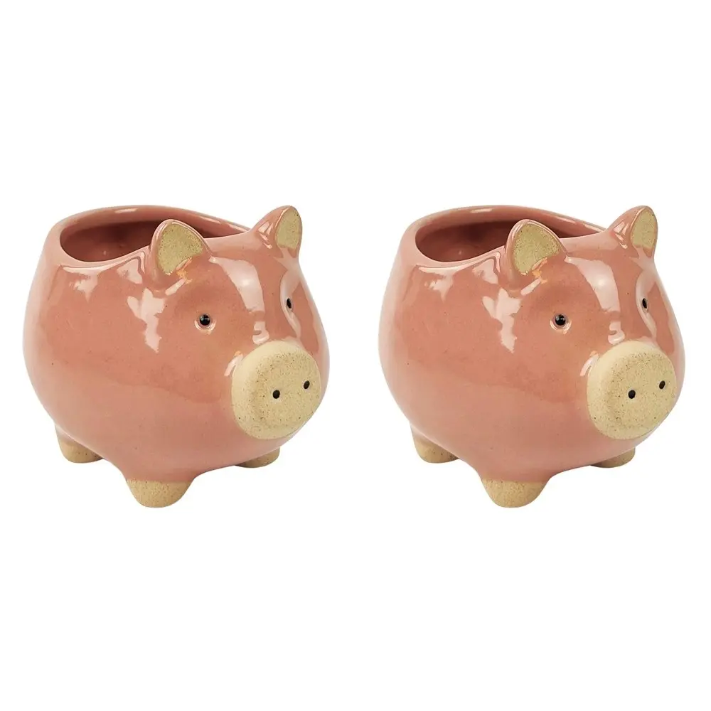 2x Urban Pig 8cm Ceramic Planter Garden Ornament Display Plant Pot Small Pink