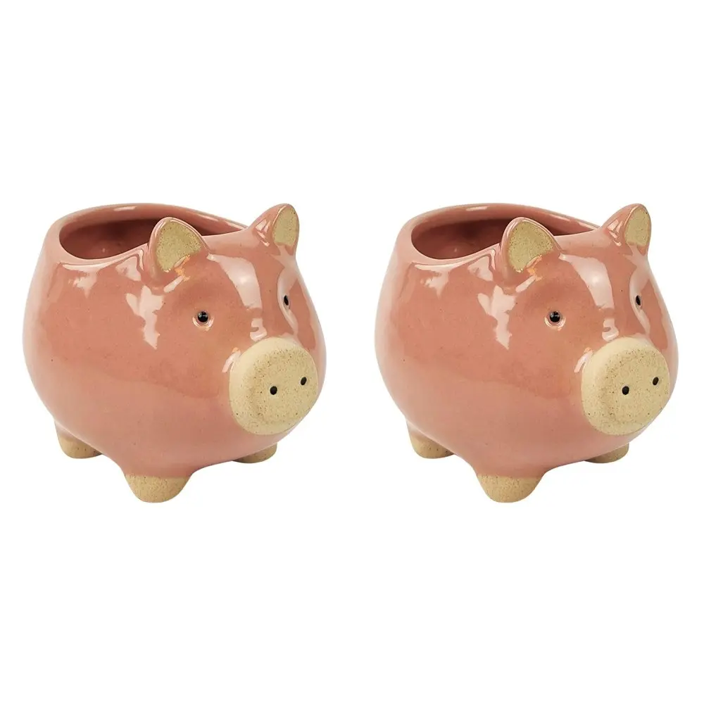 2x Urban Pig 8cm Ceramic Planter Garden Ornament Display Plant Pot Small Pink