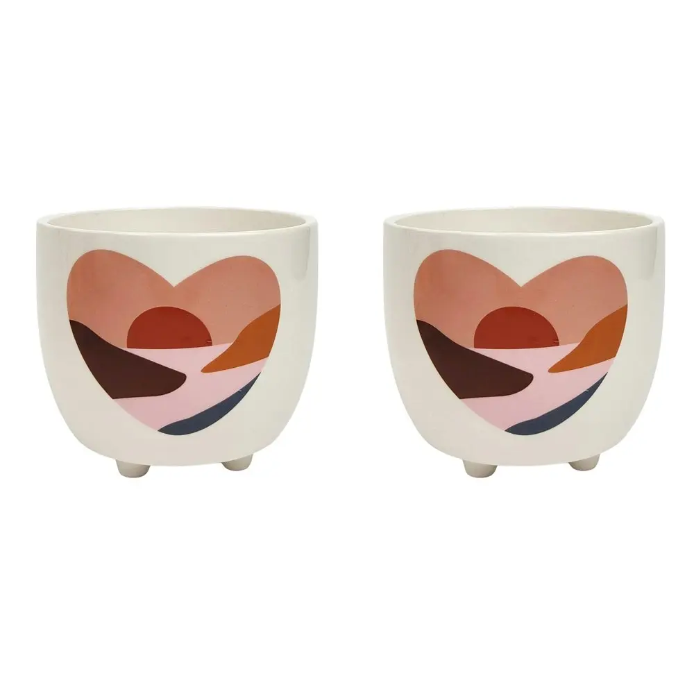 2x Urban 10cm Landscape Hearts Ceramic Planter Garden Plant Pot Small Pink/White