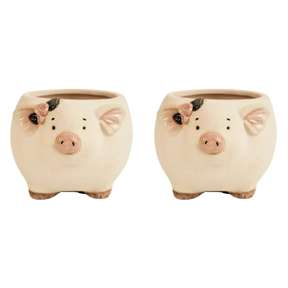 2x Urban 9.5cm Ceramic Pig w/ Flowers Planter Plant Pot Home/Garden Decor Sand