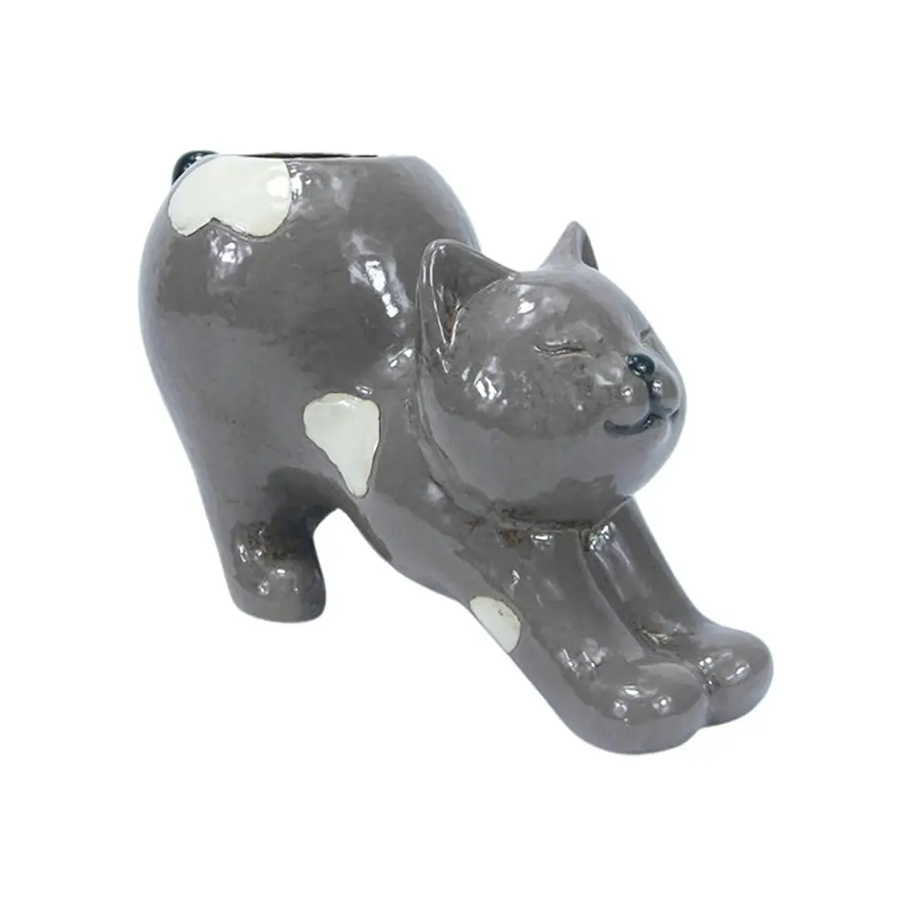 Urban Products 25cm Ceramic Stretching Cat Planter Home Garden Decor - Grey