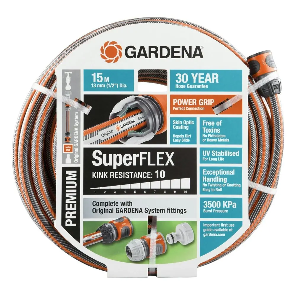 Gardena Premium SuperFLEX Fitted Outdoor Garden Watering Hose 13mm x 15m