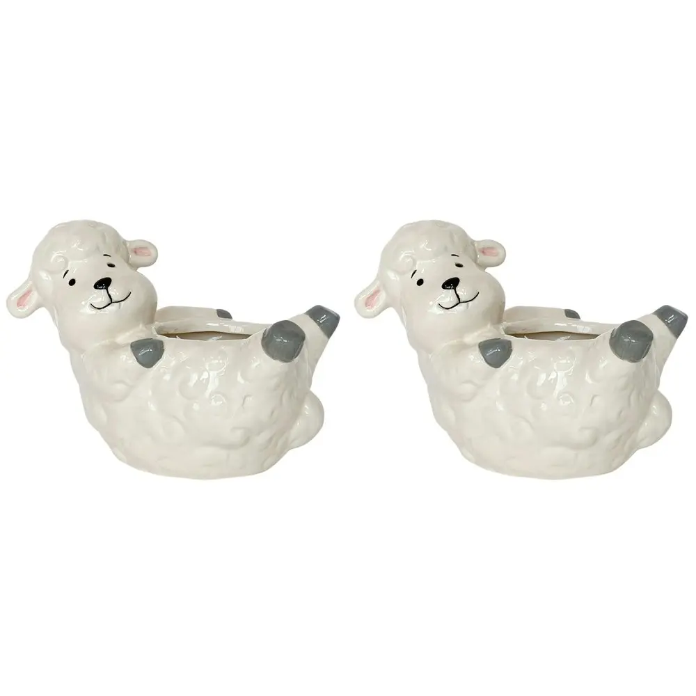 2x Urban Products Reclining Sheep Themed Planter Home Garden Decor White 17cm