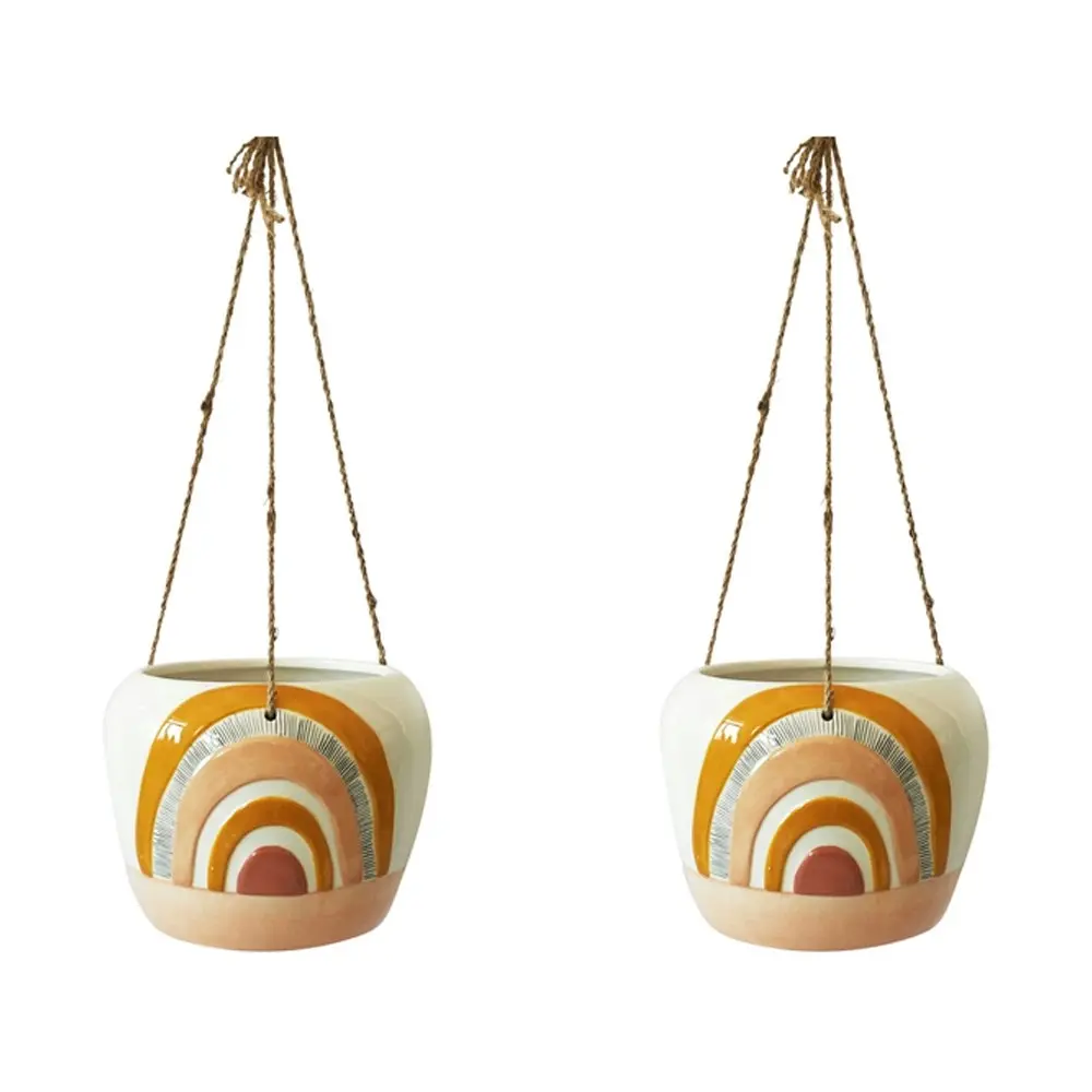 2x Urban Woodstock Rainbow 20cm Ceramic Hanging Planter Pot Large Mustard/Pink