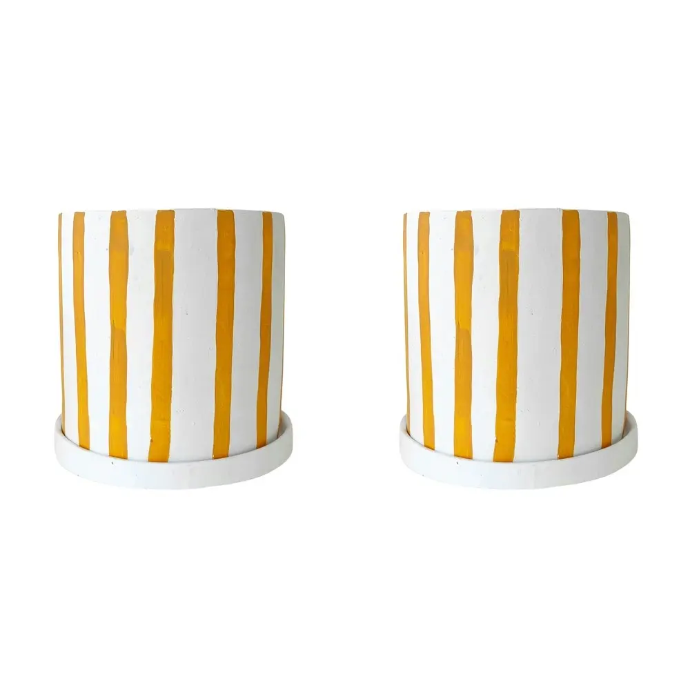 2x Urban Julia Stripe 17cm Concrete Planter w/ Saucer Plant Pot L Mustard/White