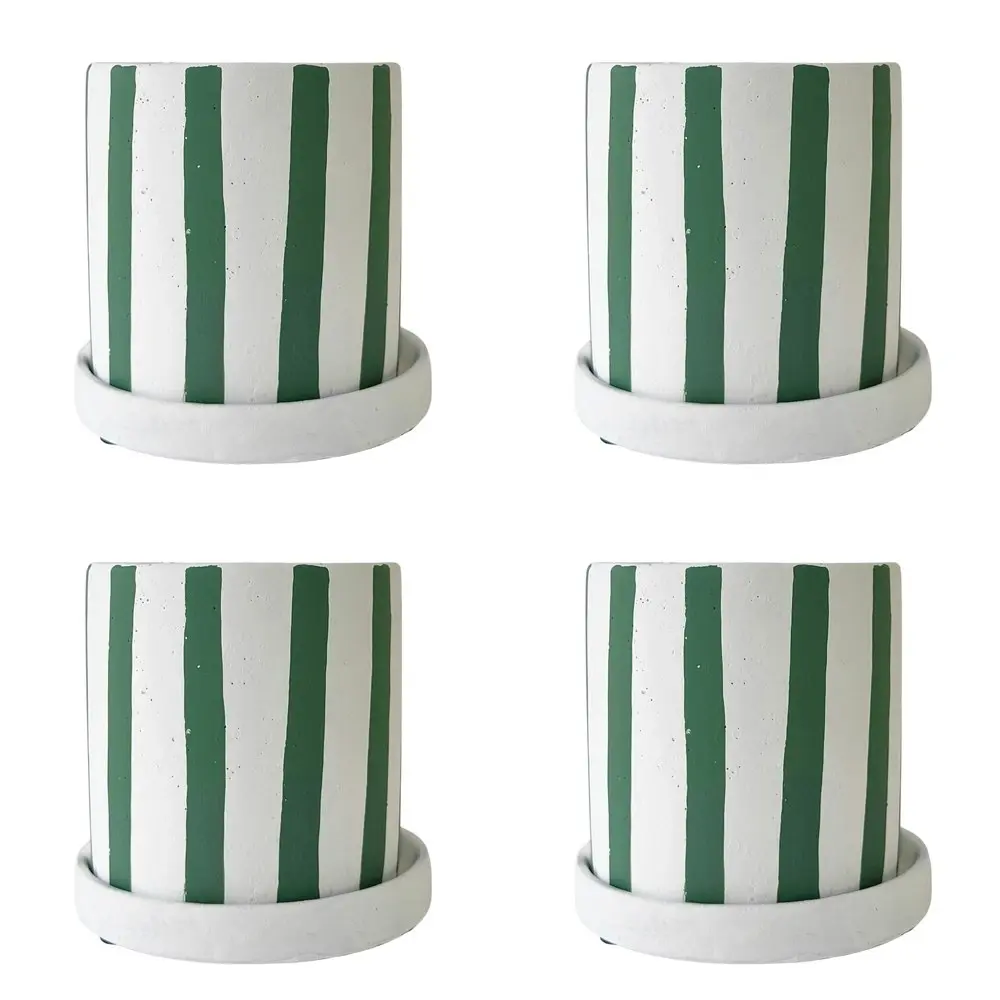 4x Urban Julia Stripe 11cm Concrete Planter w/ Saucer Plant Pot Small Sage/White