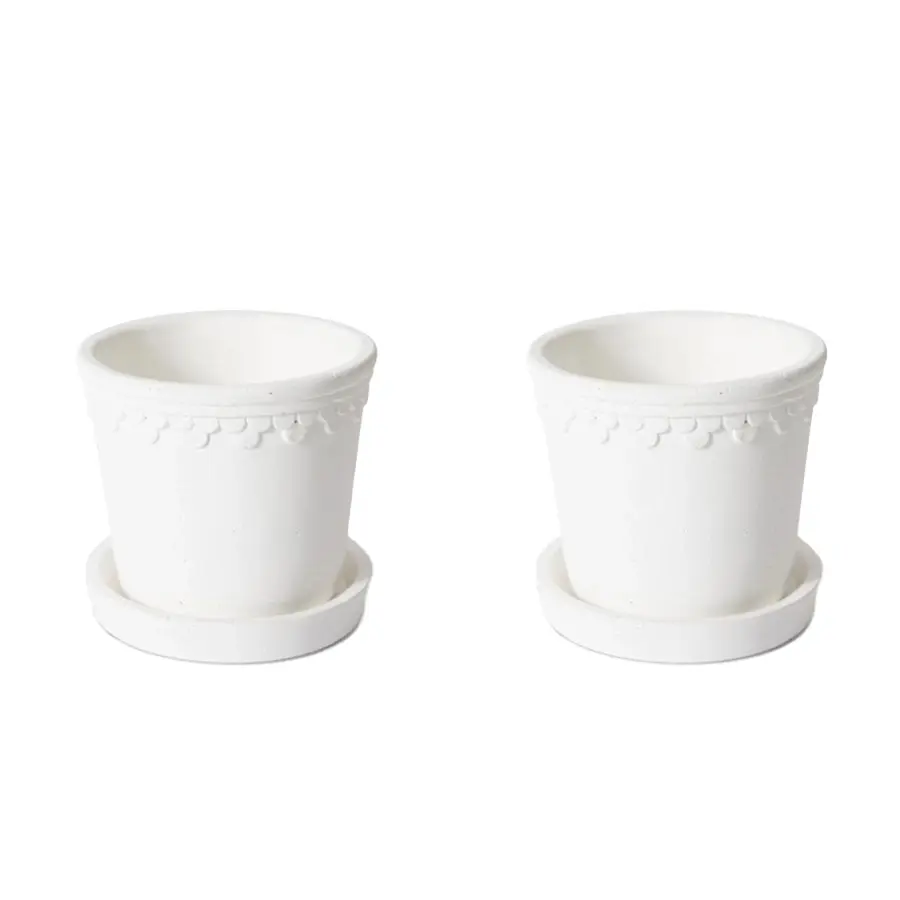 2x E Style Sophia 13cm Cement Plant Pot w/ Saucer Flower Planter Decor White