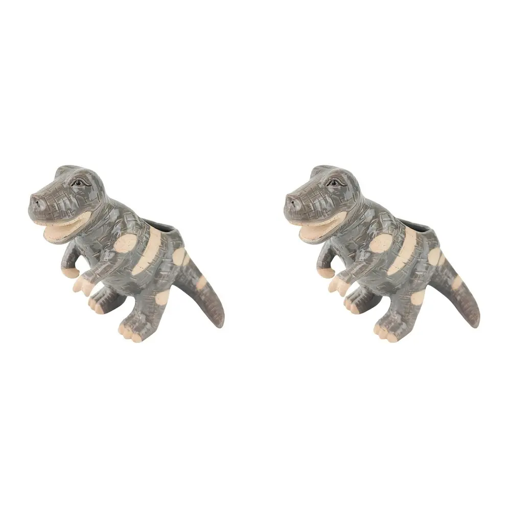 2x Urban T-Rex Dinosaur 13cm Ceramic Planter Garden Ornament Display Pot Grey