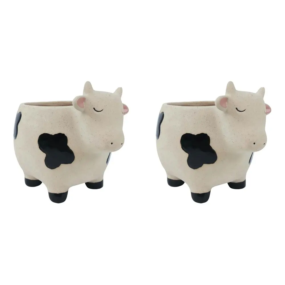 2x Urban 14cm Cow Ceramic Planter Garden Decor Plant/Flower Pot Medium Sand/BLK