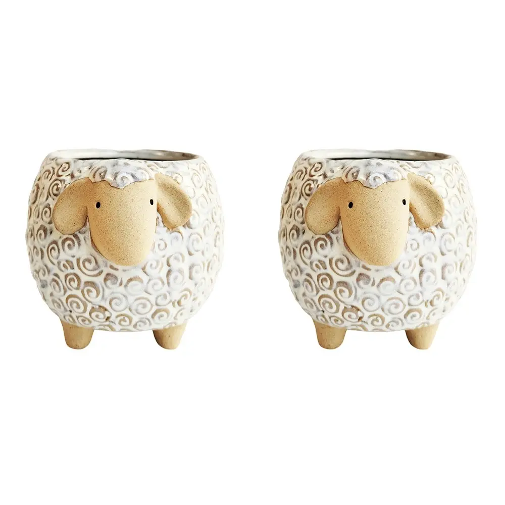 2x Urban 12cm Ceramic Sheep Planter Plant/Flower Pot Home/Garden Decor WHT/Sand