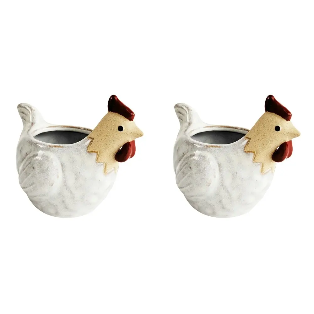 2x Urban 10cm Ceramic Chicken Planter Plant Pot Home/Garden Decor Med White/Sand