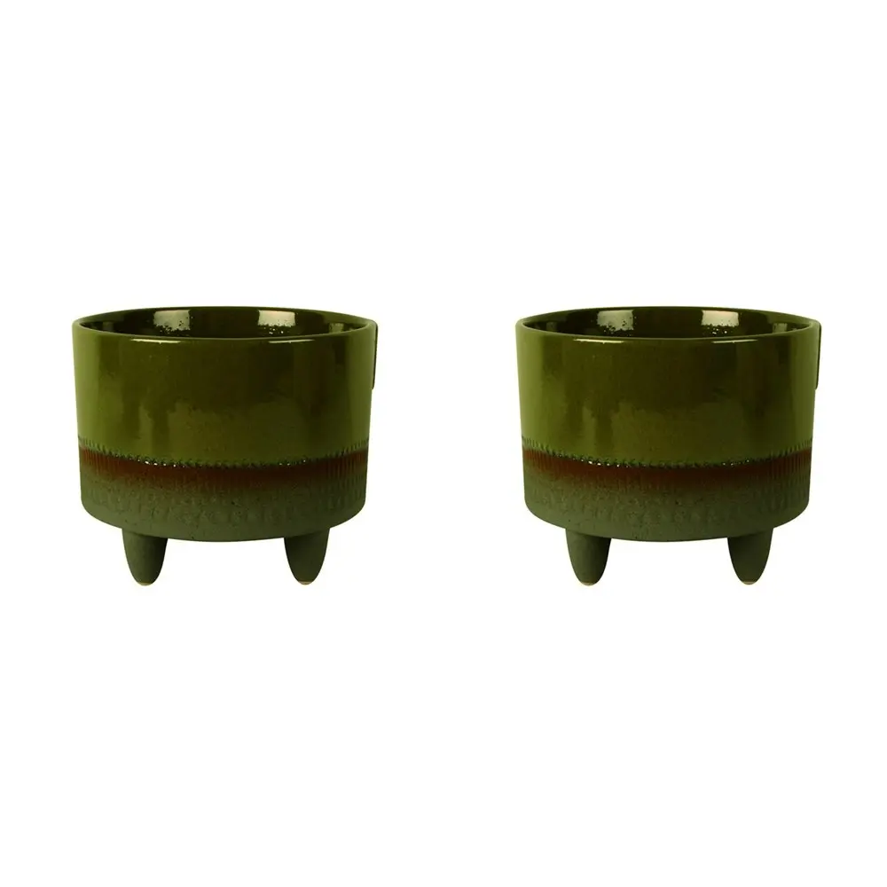 2x Maine & Crawford Tage 16x15cm Ceramic Plant Pot Home Decor w/Feet Olive Green