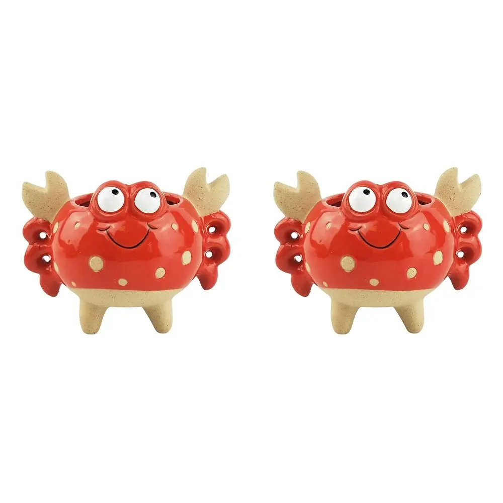 2x Urban Crab 9cm Ceramic Planter Garden Ornament Display Plant Pot Medium Red