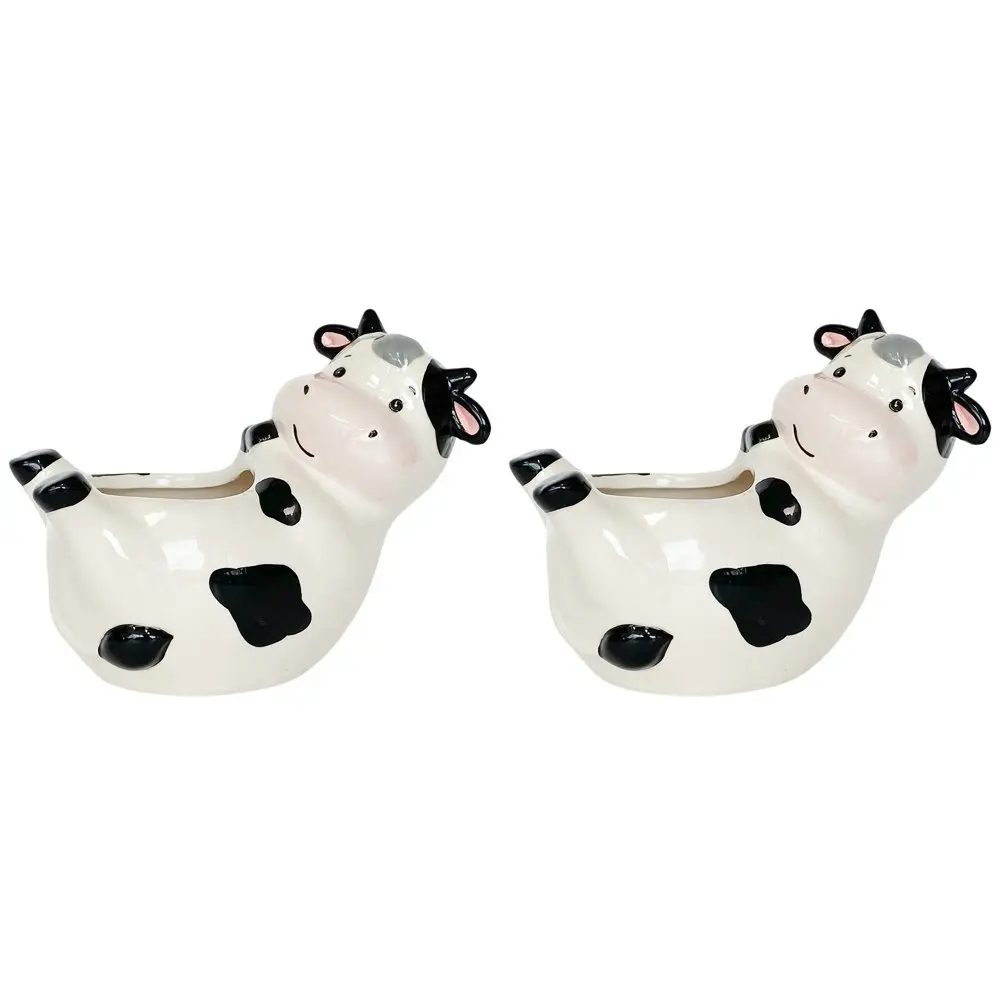 2x Urban Products Reclining Cow Themed Home Garden Decor Planter White 18cm