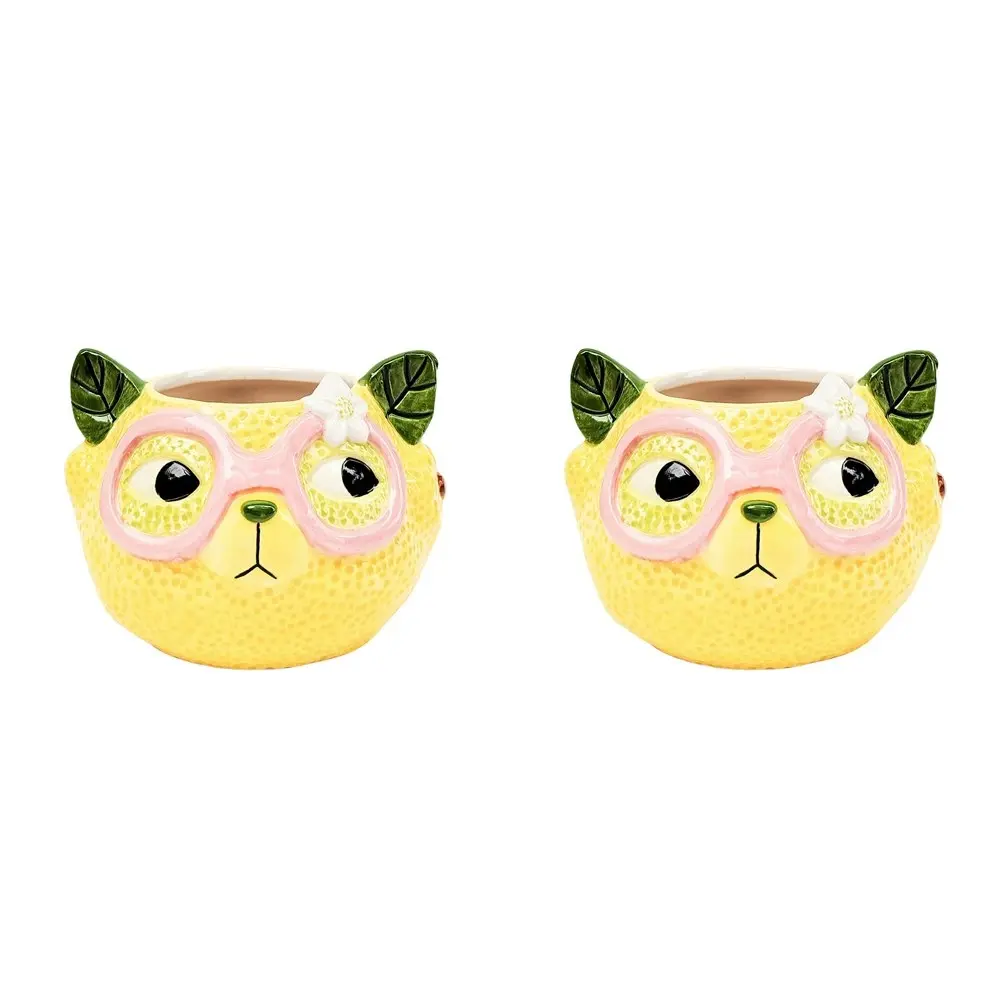 2x Urban Products Tropicana Cat Lemon Themed Planter Garden Decor Yellow 9cm